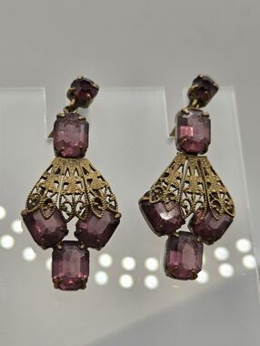 Vintage Czech Filigree Earrings Amethyst Glass Earrings Screw Back CZECHO SLOVAK